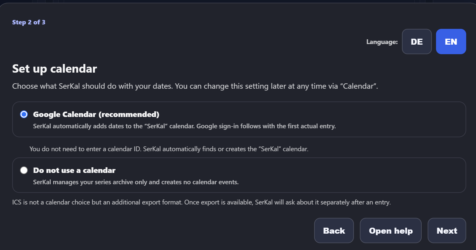 Current SerKal calendar setup dialog in English