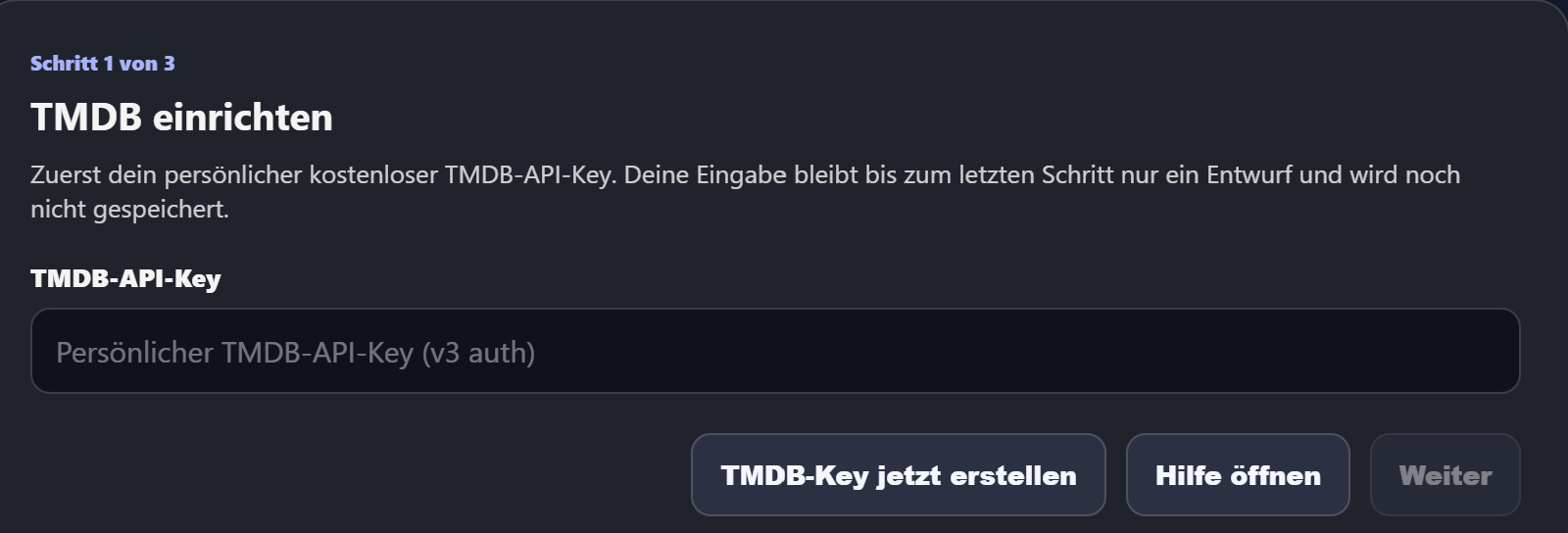 Eingabefeld für den persönlichen TMDB-API-Key in SerKal