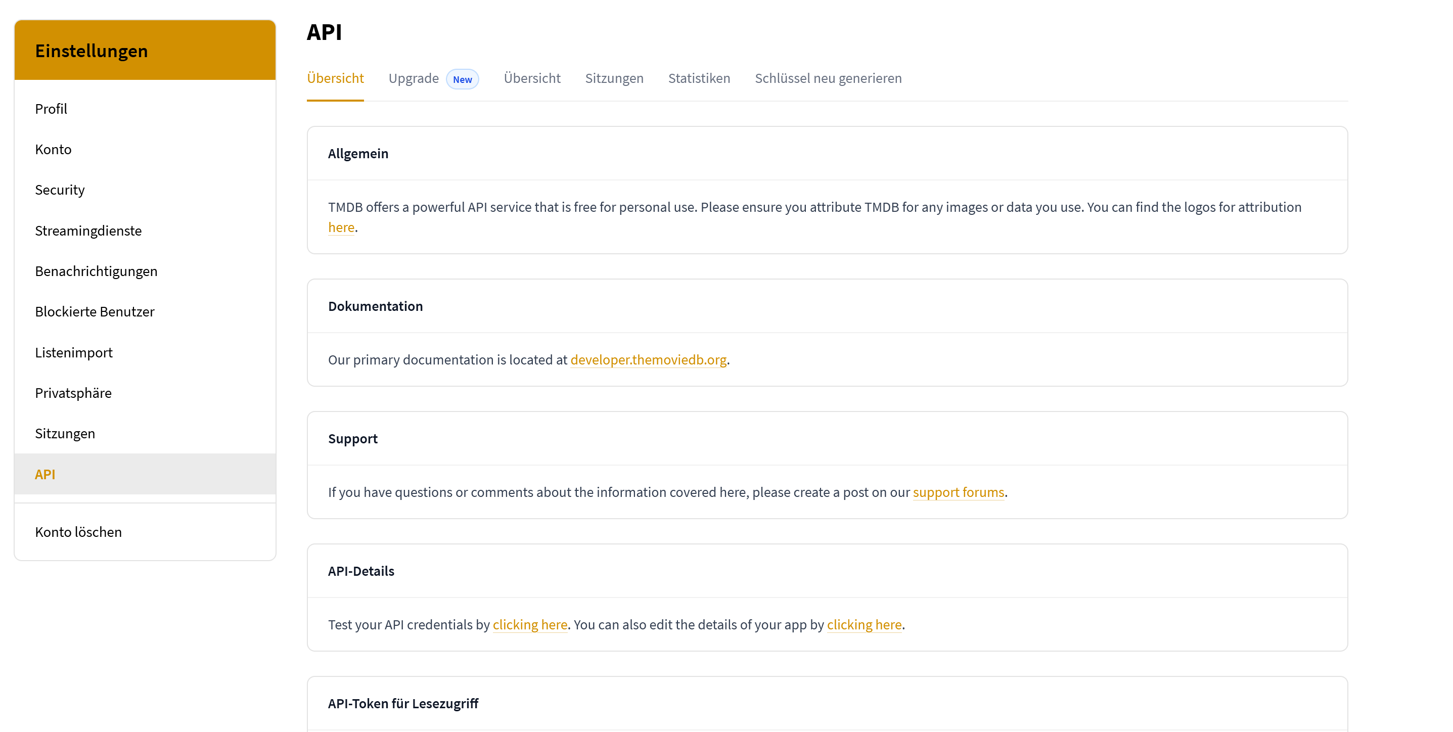 API-Bereich in den TMDB-Einstellungen