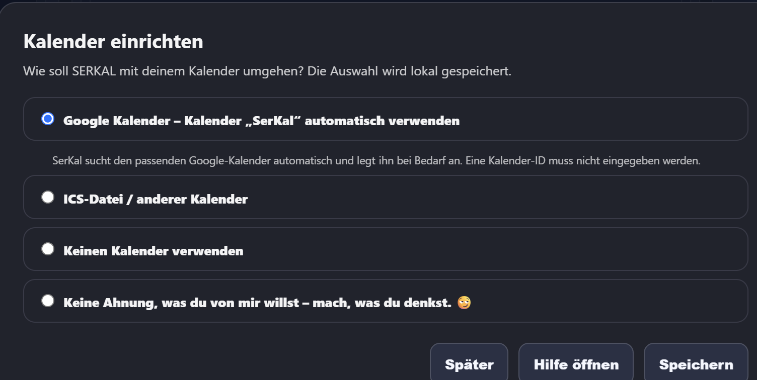 SerKal-Dialog „Kalender einrichten“ mit den vier Kalenderoptionen