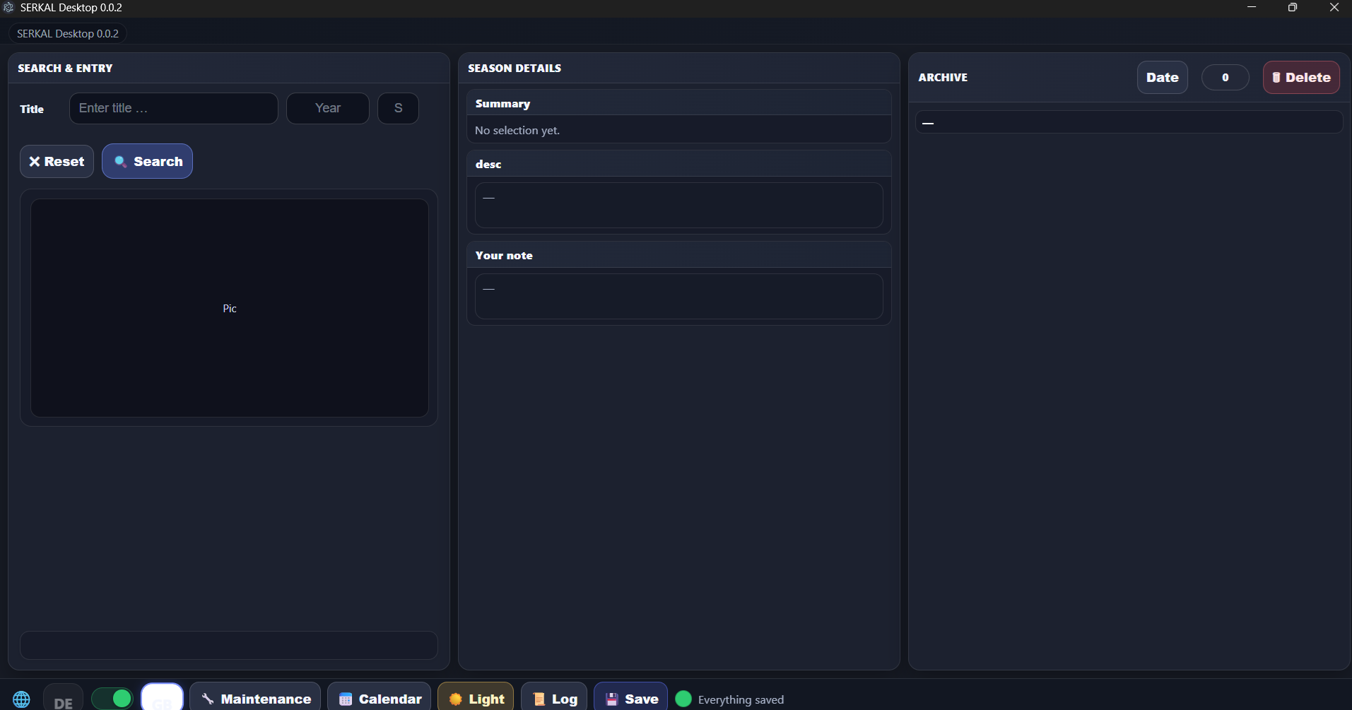 SERKAL Desktop 0.0.2 im Dark Mode mit englischer Oberfläche