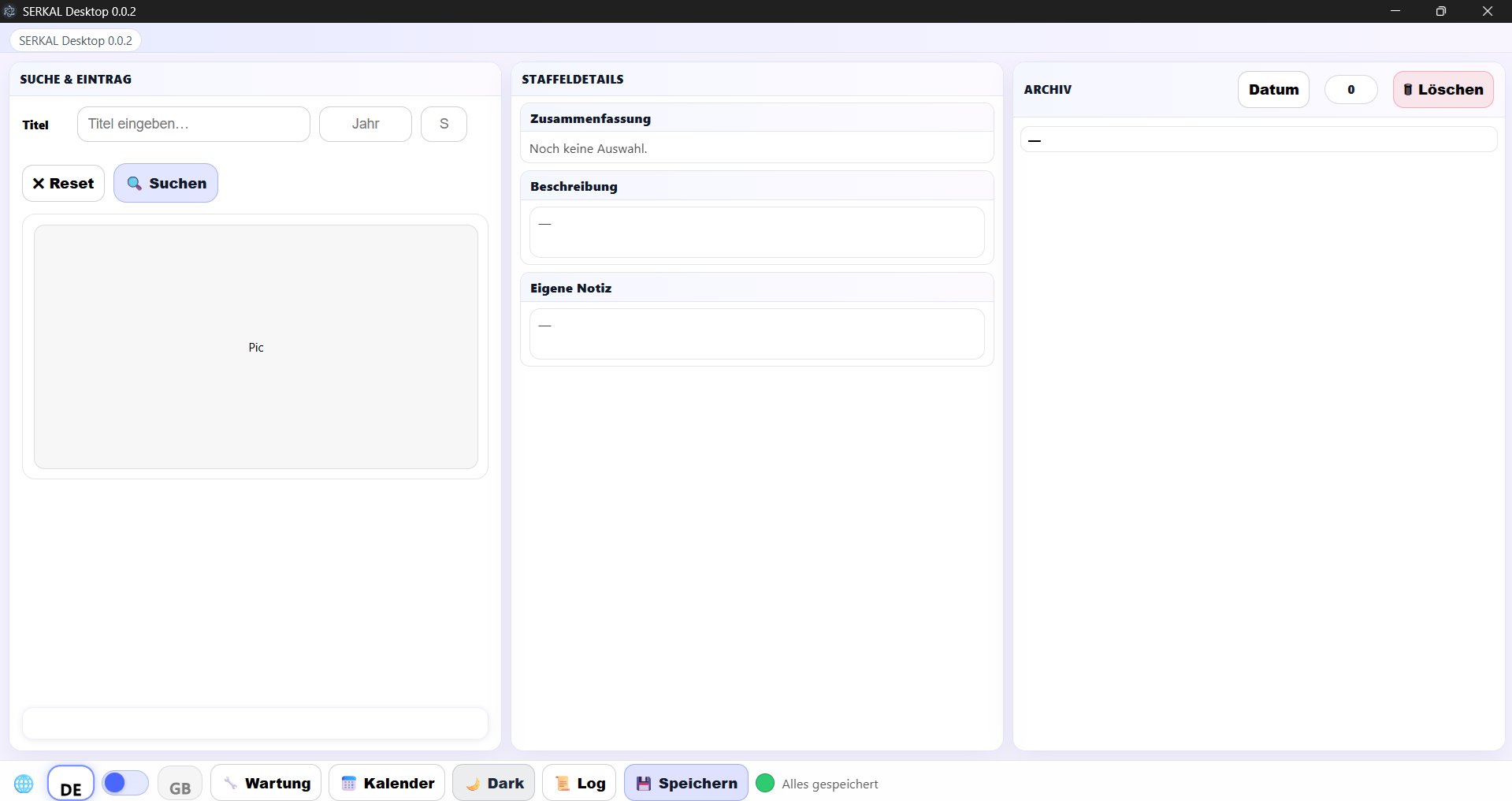 SERKAL Desktop 0.0.2 im Light Mode mit deutscher Oberfläche